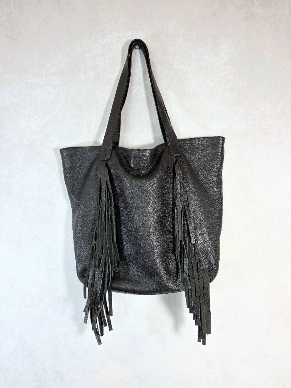 Vince Camuto Fringed Shoulder Genuine Leather Tote Black
